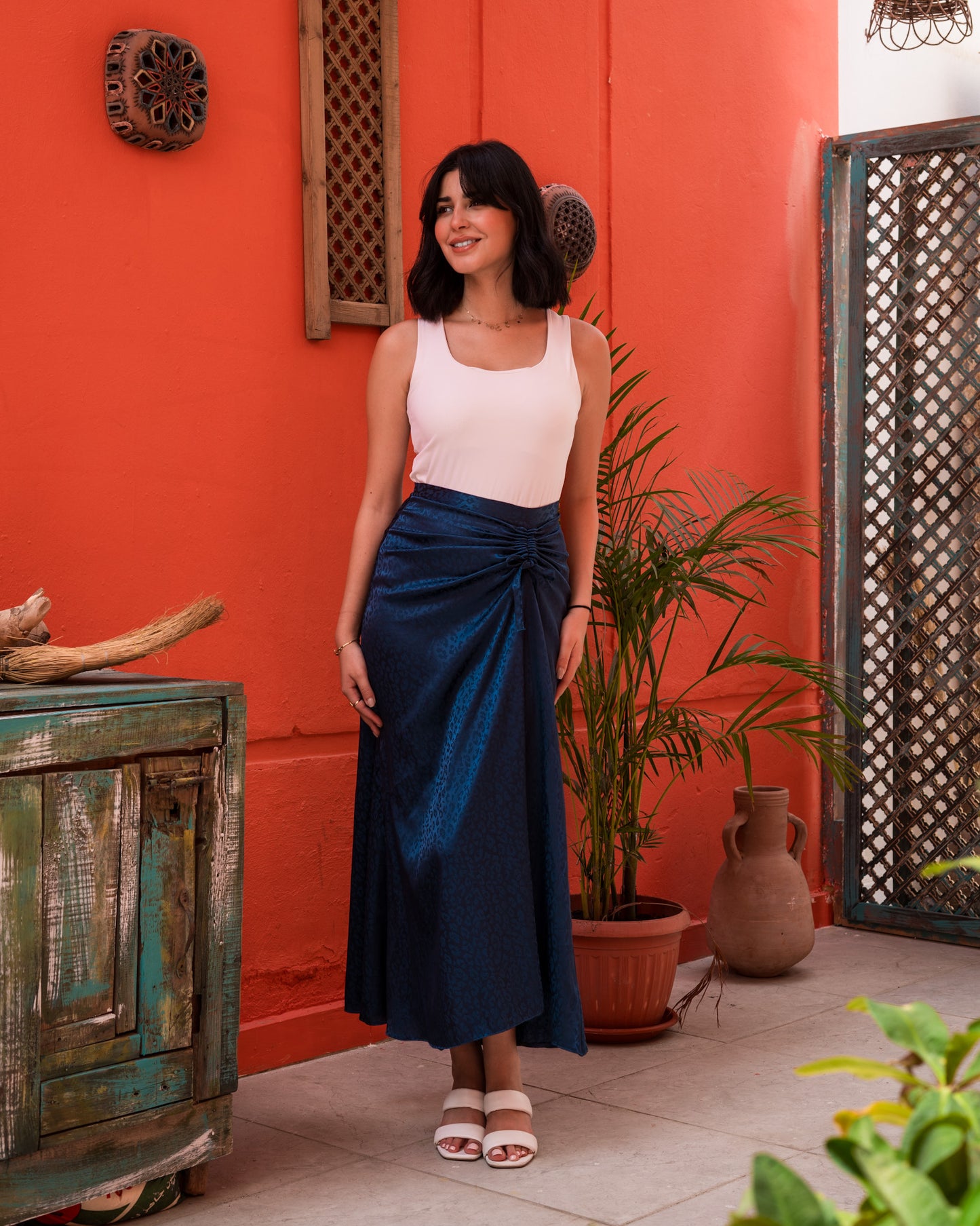 Blue Satin Skirt - Patterned